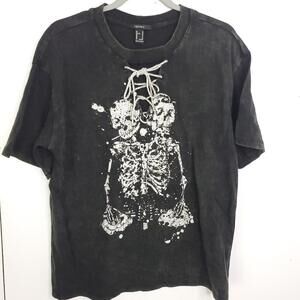 Forever 21 Shirt Womens M Short Sleeve Skeleton Lace Up V Neck Goth Emo Scene